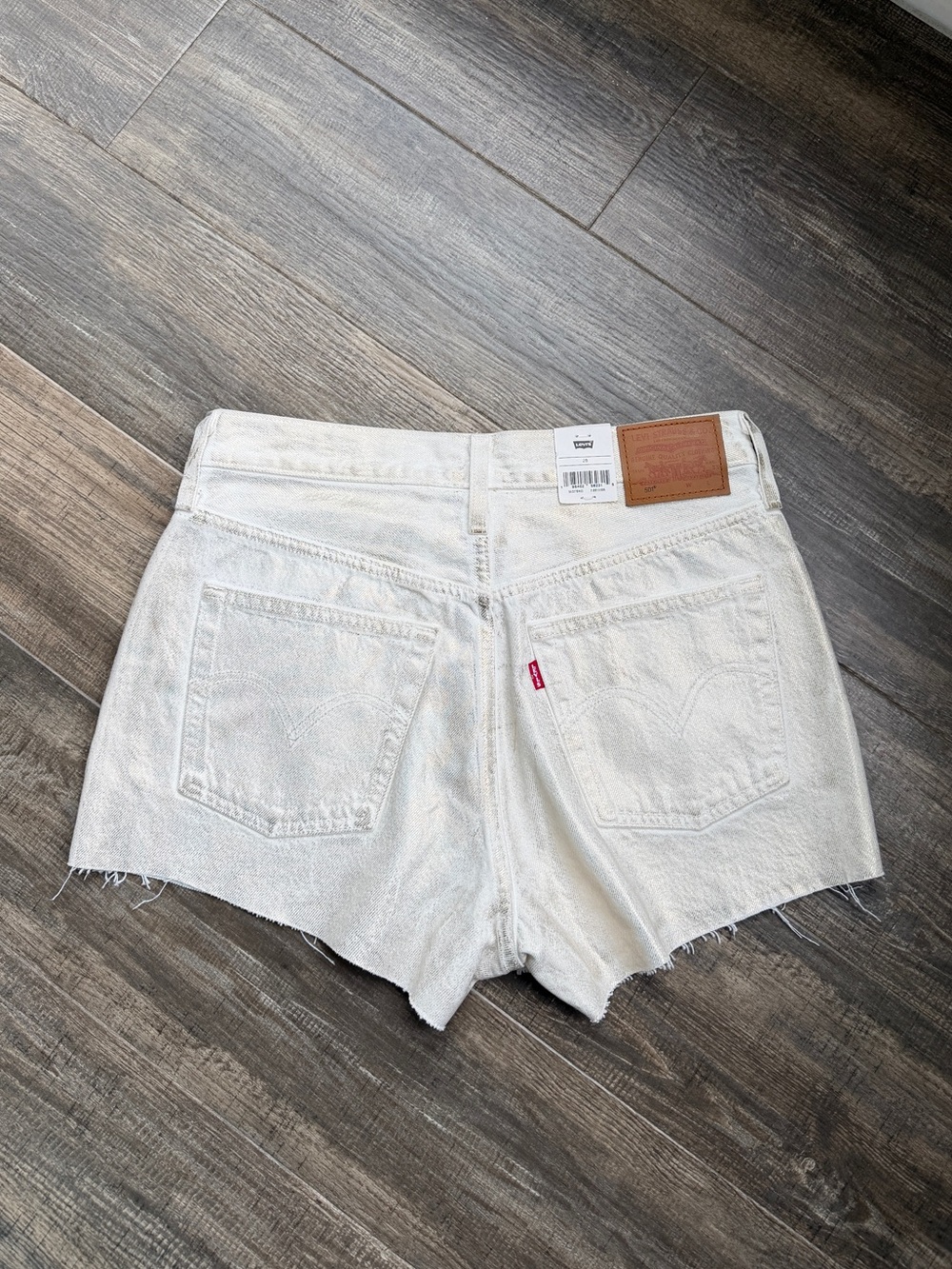 BRAND NEW Levis 501 Premium Shorts Womens Sz 28 White Gold Metallic High Rise - Picture 2 of 3